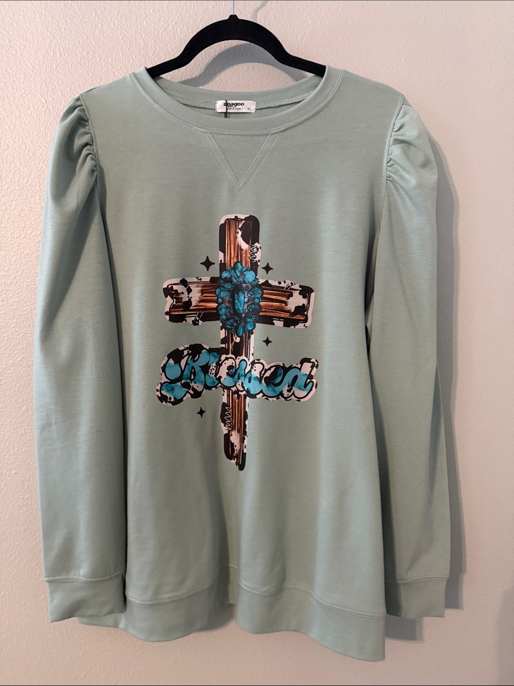 zeagoo Sage Green Graphic Puff-Sleeve Sweatshirt up-cycled with DTF transfer
